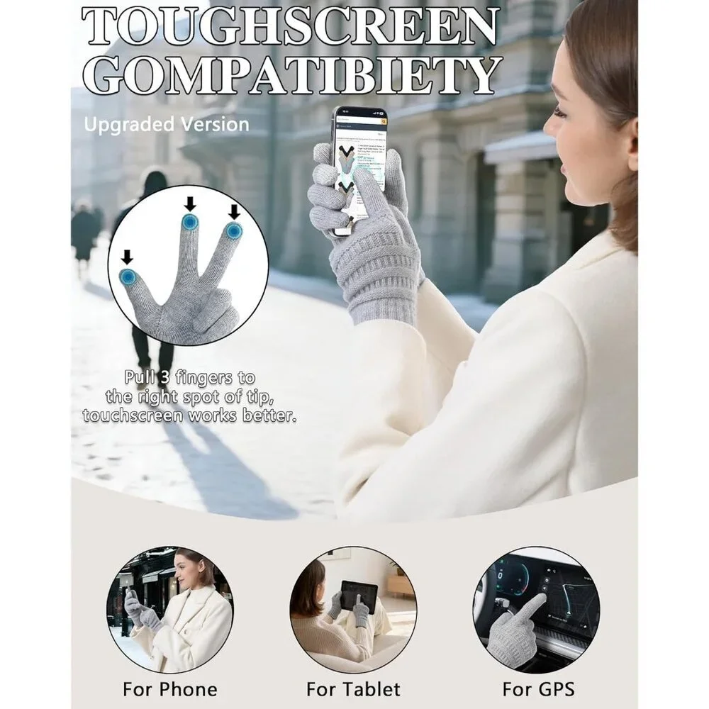 Winter Gloves Women Thermal Fleece Touchscreen 3D Pattern Fitted Elastic